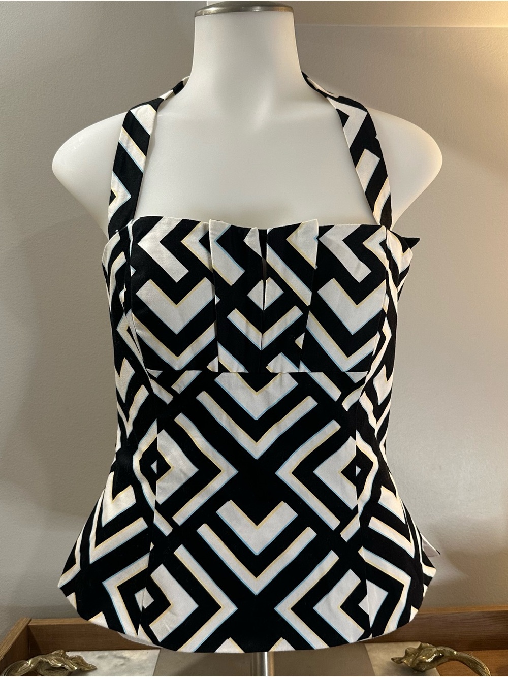Y2K White House Black Market Black and White Strapless Geometric Dress